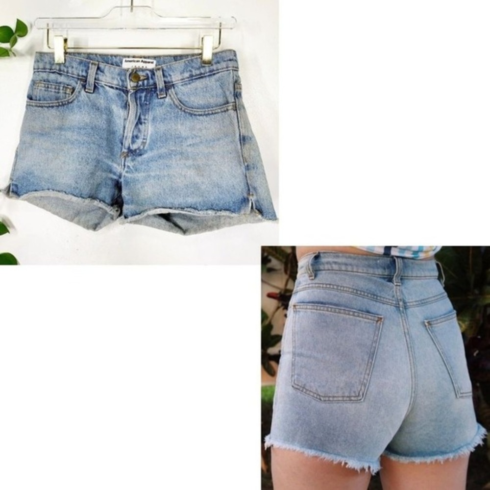 Y2K Festival Shorts Womens 26 Blue Denim Button Fly Fringe AMERICAN APPAREL 28x3